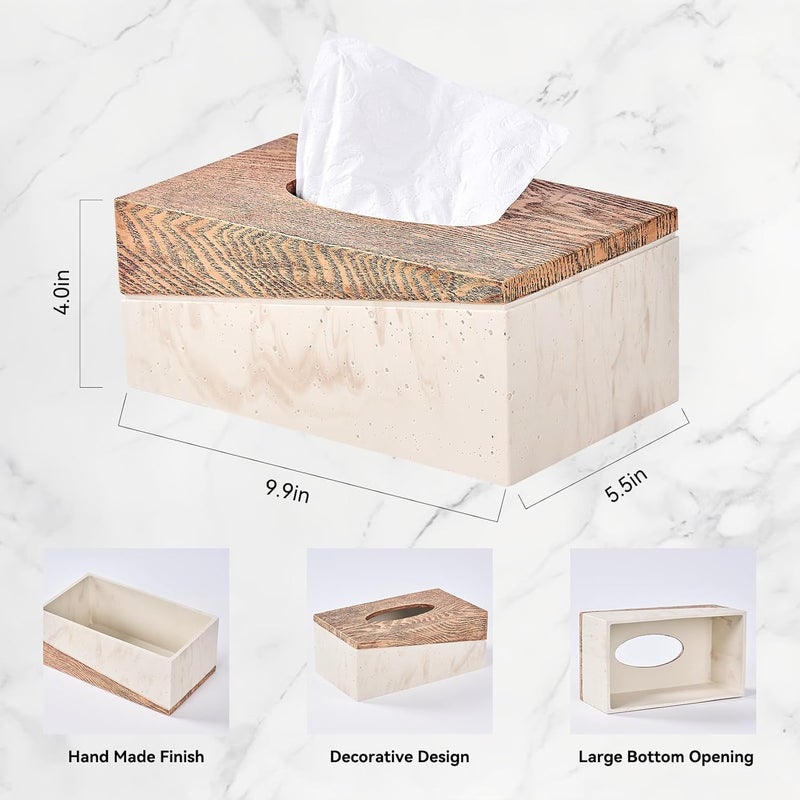 Polytree غطاء صندوق مناديل بتصميم مستطيل من الترافرتين الطبيعي والخشب الريفي للحمام، غرفة المعيشة، غرفة النوم، صندوق مناديل مصنوع يدويًا مع خشب مدمج من الترافرتين، 10 × 5.7 × 4.5 بوصة - Image 2